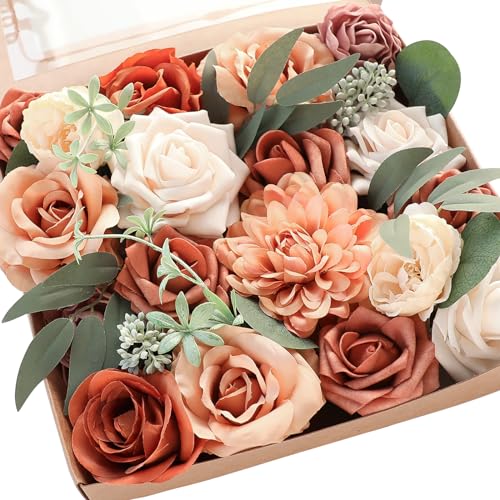 Floroom Terracotta Artificial Flowers Burnt Orange Fake Roses Peonies Dahlia Greenery Combo Box Set for DIY Wedding Bouque...