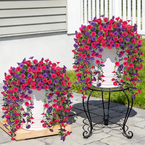 Artificial Hanging Flowers for Outdoor, 4pcs Fake Plants Long Vine Morning Glory Eucalyptus, Spring Summer UV Resistant Re...