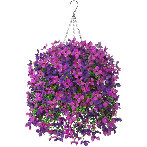INXUGAO Artificial Hanging Flowers Plants with Basket for Outdoors, Realistic Faux Silk Daisy Flower Eucalyptus for Spring...