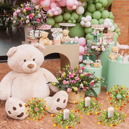 6 Pcs Mini Wild Flower Candle Rings Wreaths Artificial Colorful Wildflower Pillar Candle Holders Wreath for Spring Summer ...