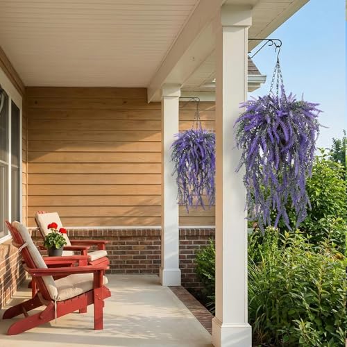 2Packs Artificial Hanging Flowers for Outdoors 6 Bundles Faux Lavender Fake Hanging Baskets UV Resistant Purple Flowers Ha...