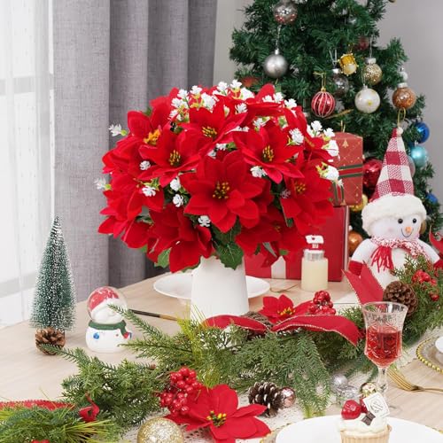 MATBAR Christmas Artificial Flowers for Outdoors Red Poinsettia Flowers Artificial 12 Bundles Mixed UV Resistant Faux Flow...