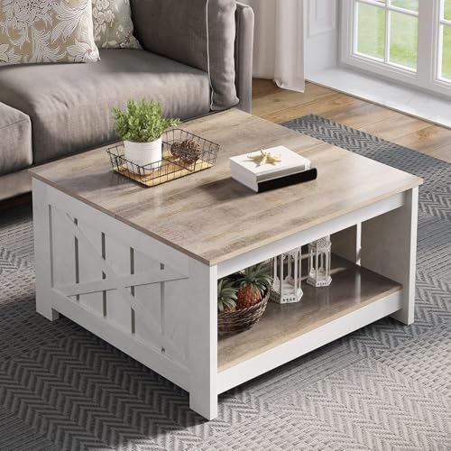 YITAHOME Coffee Table Farmhouse Coffee Table with Storage Rustic Wood Cocktail Table, Square Coffee Tables for Living Meet...