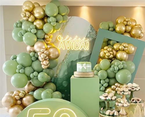 MEBAY Sage Green White Gold Balloon Garland Arch Kit, 146Pcs Latex Balloons Different Sizes 18 12 10 5 Inch for Birthday B...