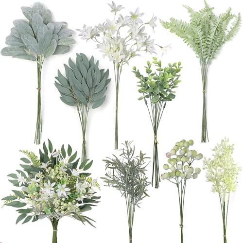 FOTEEWL 70 Pcs Artificial Greenery Stems Box Set,with 8 Kinds of Faux Plants and Fake Flowers for DIY Bridal Bouquets Wedd...