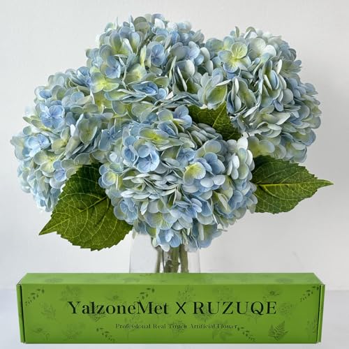 YalzoneMet 4Pcs Light Blue-Green Real Touch Hydrangea Artificial Flowers 21'' Faux Latex Hydrangea Flowers for Wedding Tab...