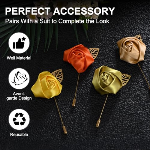 M METERXITY 48-Pack Flower Lapel Pins for Men, Golden Leaf Rose Boutonnieres Pin Groom Boutonnieres for Wedding/Dance/Part...