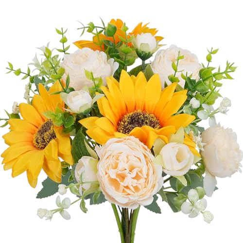 HO2NLE Peonies Artificial Flowers, 5 Pcs Fake Flowers Sunflowers Small Silk Flowers Faux Florals Arrangements Fake Bouquet...