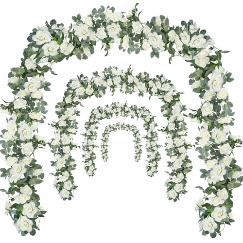 Bacucine Flower Garland Rose Vine 4Pcs 28FT Artificial Floral Garland with Green Leaves Hanging Rose Vine for Wedding Part...