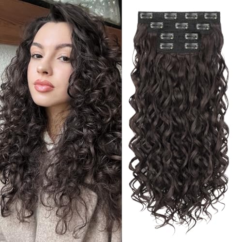 Flvaco Curly Clip In Hair Extensions, 4PCS 20 Inch Dark Brown Extensions Clip Ins Lace Weft Curly Invisible Natural Hairpi...
