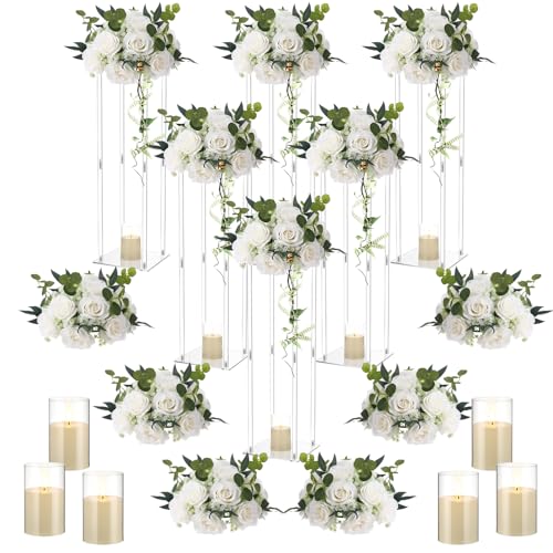 Daifunli 6 Set 20 Inch Acrylic Vase Stand Wedding Centerpieces Holder with Artificial Flower Balls and LED Lights Candles ...