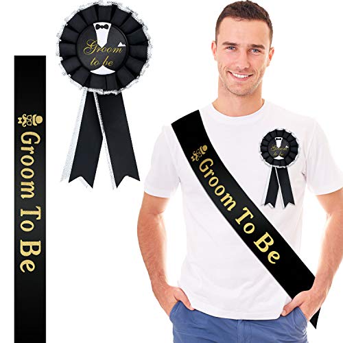 WILLBOND 2 Pieces Groom Sash Badge Set Includes Groom to Be Satin Sash Award Ribbon Badge Brooch for Bachelor Party Engage...