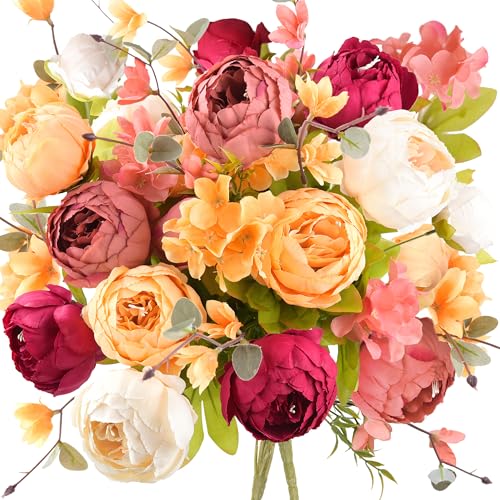 FiveSeasonStuff Artificial Peony Bouquets, 2 Silk Flower Bundles in Peach, Coral, Cream & Burgundy with Hydrangeas for Wed...
