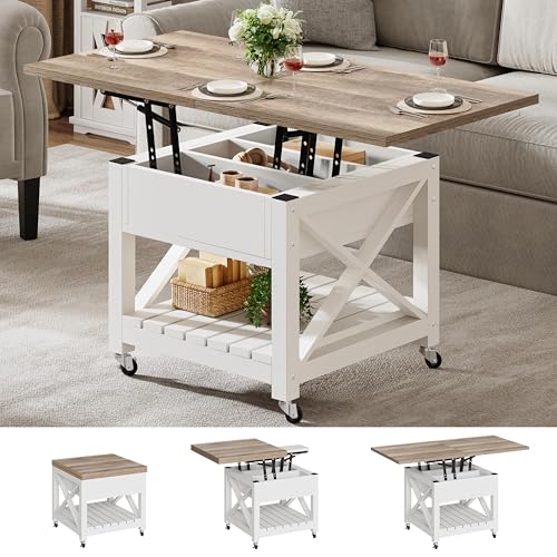 YITAHOME Lift Top Coffee Table with Wheels, Farmhouse Square Coffee Tables for Living Room, 2 Tier Small Coffee Table with...