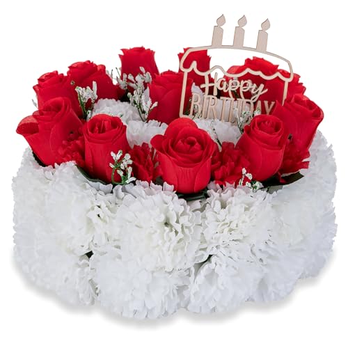 Memobloom Silk Memorial Cake for Cemetery: Grave Decorations Handcrafted Fake Birthday Flowers Cake - Artificial Red Rose ...