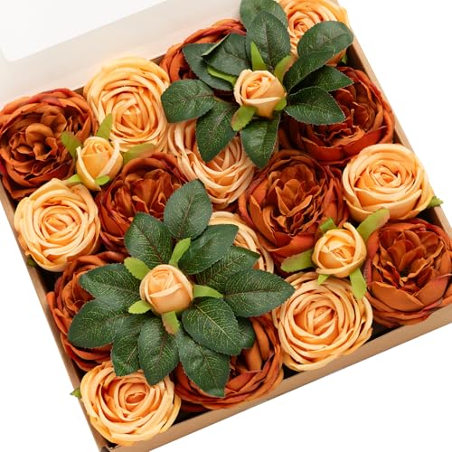 Ling's moment Artificial Flowers Terracotta Silk Austin Roses Orange Silk Roses w/Stem for Fall Wedding Bouquets Centerpie...