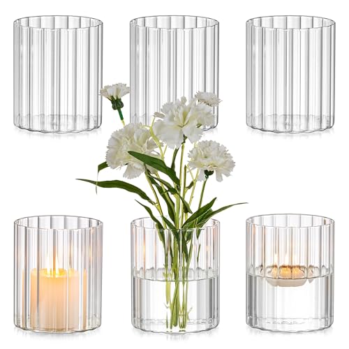 Glasseam Glass Cylinder Vases for Centerpieces: Clear Ribbed Flower Vases for Pillar Candle - 6Pcs Modern Hurricane Floati...