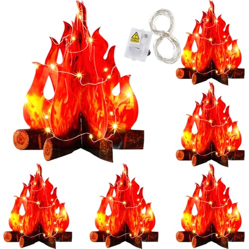 Tioncy 6 Sets 3D LED Fake Fire Campfire Centerpiece 3D Artificial Fake Flames with LED String Lights for Camping Party Chr...