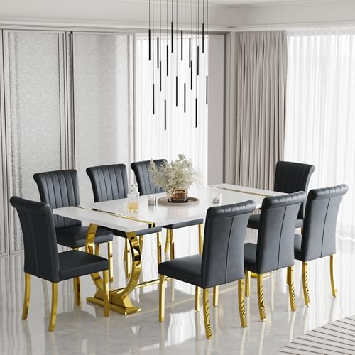 Asday Dining Table Set with 8 Chairs PU Upholstered, 80 Inch White Dining Table Polished Gold U Shape Legs, Modern Rectang...