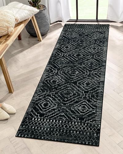 Wonnitar Washable Kitchen Runner Rug 2x6, Moroccan Black Runners for Hallway, Non Slip Bohemian Soft Bathroom Throw Mat Ge...