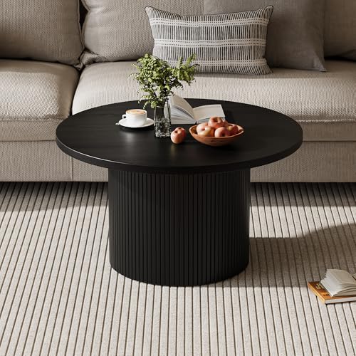 MAISONARIA Black Round Coffee Table with Metal Frame, 35" Coffee Tables for Living Room, Circle Wood Accent Center Table f...