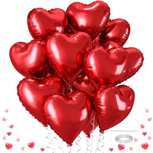 Red Heart Balloons, 12 Pcs 18 inch Heart Shaped Balloons, Large Valentines Balloon, Love Foil Balloon for Valentines Day W...