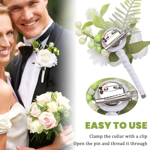 Flasunire 6-Pack White Silk Rose Boutonniere with Pearls for Groom and Groomsmen, Realistic Artificial Flower Lapel Pin fo...