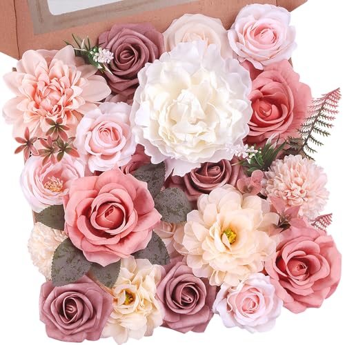 Dusty Pink Artificial Flowers Combo, Fake Silk Blush Dahlia Roses Bulk with Stems Set for Wedding Bridal Bouquets, Baby Sh...