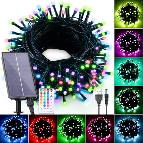 Hozplex Solar String Lights Outdoor Waterproof 40Ft, 18 Colors Changing 100 LED Christmas Lights Solar Powered & USB with ...