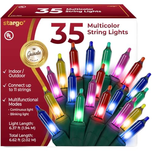 Warm Multi Color Christmas Lights - 6.3 ft String of 35 Incandescent Mini Bulbs Multifunctional Lighting Modes, for Decora...