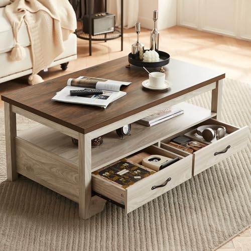 LINSY Farmhouse Coffee Table, Rectangle Coffee Table with Drawers, Rustic Wooden Coffee Tables with Storage, Center Table ...