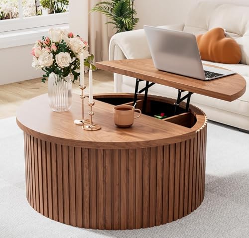 Fsbecl Fluted Lift Top Coffee Table with Hidden Storage, 31.6 Inch Round Coffee Tables for Living Room, Circle Wood Center...