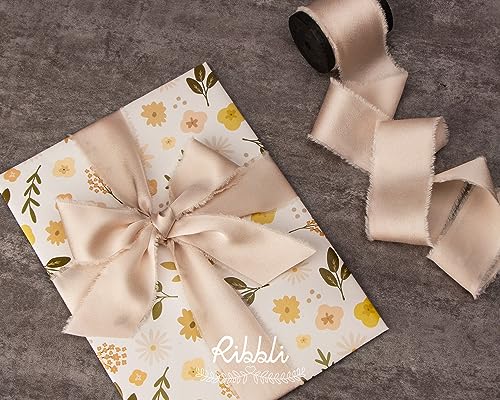 Ribbli Light Champagne Silk Satin Ribbon 1.5 Inch x 12 Yard Handmade Frayed Chiffon Ribbon with Wooden Spool for Gift Wrap...