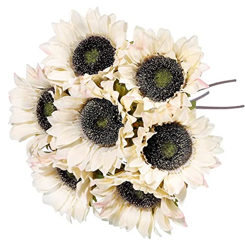 Laelfe 7PCS White Sunflowers Artificial Flowers, Fake Silk Sunflower with Stem Vintage Fall Flower Decorations for Autumn ...
