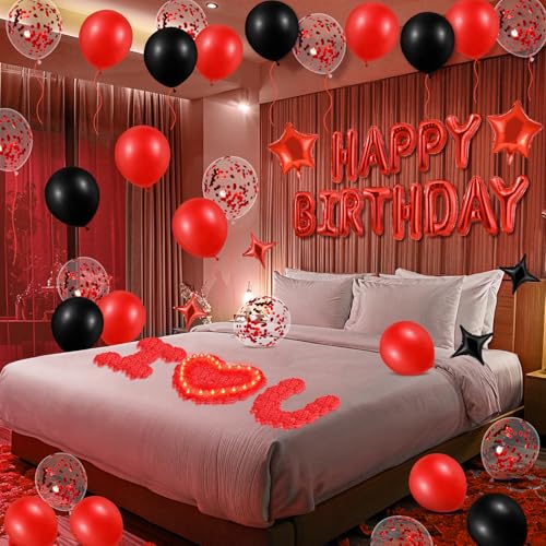 Red Happy Birthday Balloons Decorations Red and Black Birthday Balloon Letters Banner with 6 Pcs Star Balloons Red Artific...