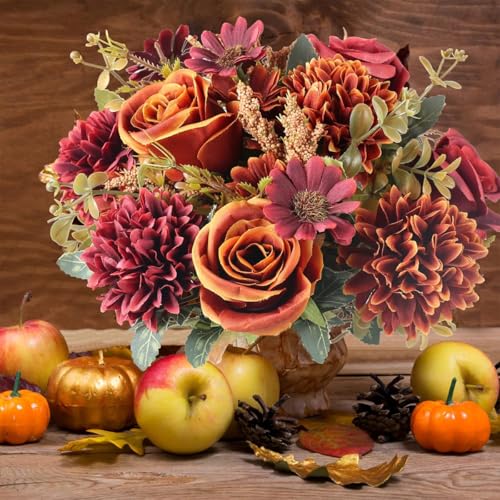 Pomfedmi 2 Bundles Fall Flowers Artificial for Decorations, Fall Silk Flowers Fake Rose Bouquet with Daisy Faux Floral Arr...