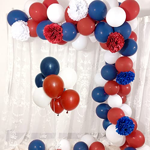 Dark Red White and Blue Balloons Garland Arch Kit with 75Pcs Navy Burgundy White Balloons 6Pcs Paper Flowers for 4th of Ju...
