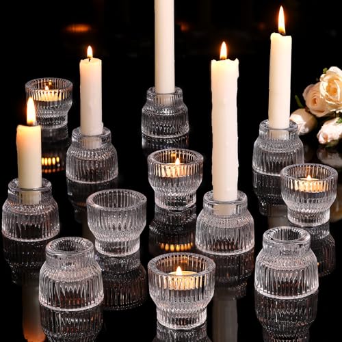 HAVITI 12pcs Clear Taper Candle Holders, Glass Candlestick Holders, Tea Light Candle Holder for Fall Wedding Centerpieces ...