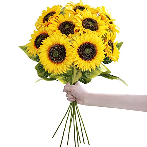Winlyn 9-Pack Artificial Sunflower Stems, 19.7" Tall Full & Lifelike Yellow Silk Flowers with Long Stems for Vase Bouquet ...
