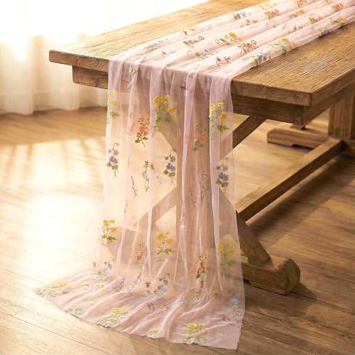 4 Pack Embroidery Floral Table Runner Spring Summer Tulle Boho Table Runners Wildflower Party Decorations for Kitchen Dini...