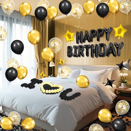 Black Gold Happy Birthday Balloons Decorations Black and Gold Birthday Balloon Letters Banner with 6 Pcs Star Balloons Bla...