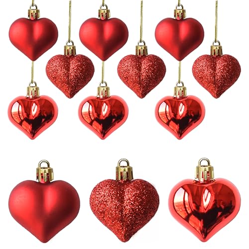 Tindobewan 12Pcs Heart Ornaments Multi Finish Heart Baubles Hanging Ornaments for Valentine’s Day Decor Mother's Day Chris...