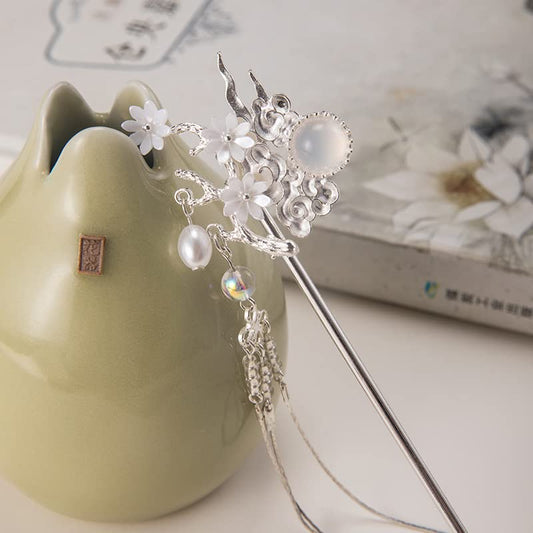 Silver Cloud Pearl Hairpin Hair Clasp Sticks Picks White Flower Crystal Long tassels Hair Accessories For Long Hair Women ...