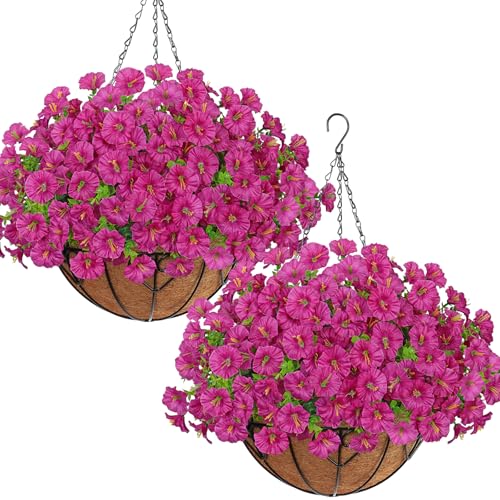 KHOYIME Artificial Hanging Flowers Plants Basket for Outdoors Indoor, 2 Set Faux Silk Fuchsia Morning Glory Fake Eucalyptu...