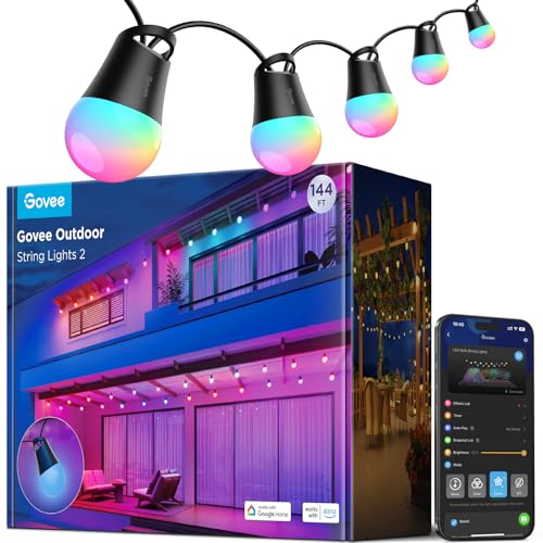 Govee Smart Outdoor String Lights 2, 144ft Outdoor Lights with Dimmable Warm White LED Bulbs, 47 Scene Modes for Patio, Ba...