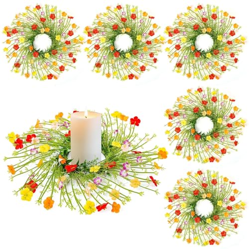 6 Pcs Mini Wild Flower Candle Rings Wreaths Artificial Colorful Wildflower Pillar Candle Holders Wreath for Spring Summer ...