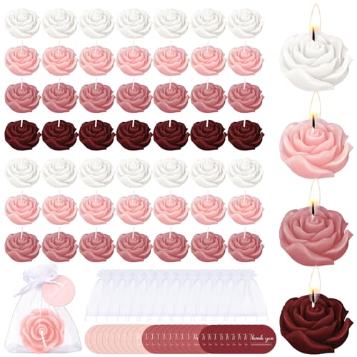 Treela 50 Set Flower Candles Wedding Favor for Guests Mini Burgundy Rose Shaped Tealight Candles for Return Gift Wedding B...