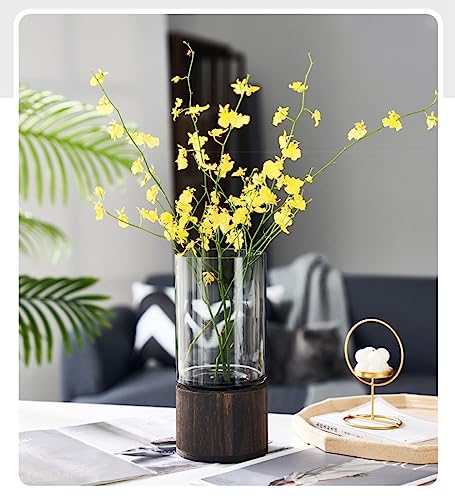 Artistic Wood Glass Vase, 10" H, Wooden Base Cylindrical Flower Vase, Classic Boho Rustic Style for Fireplace Bedroom Kitc...