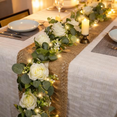 Solivya 2 Pack 5.9 FT Artificial Flower Garland with Lights, Fake Floral Garland with 12 White Roses, White Flower Decorat...