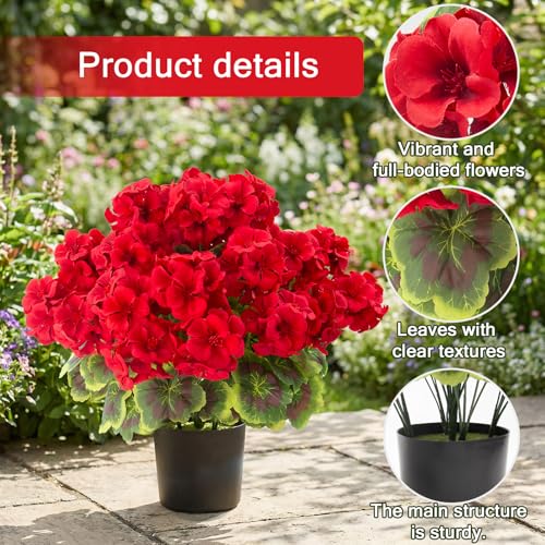 lovemoon 2Set Geranium Potted Artificial Flowers,Fake Geranium Plants for Outdoor Home Décor Office Tables Porch Garden De...